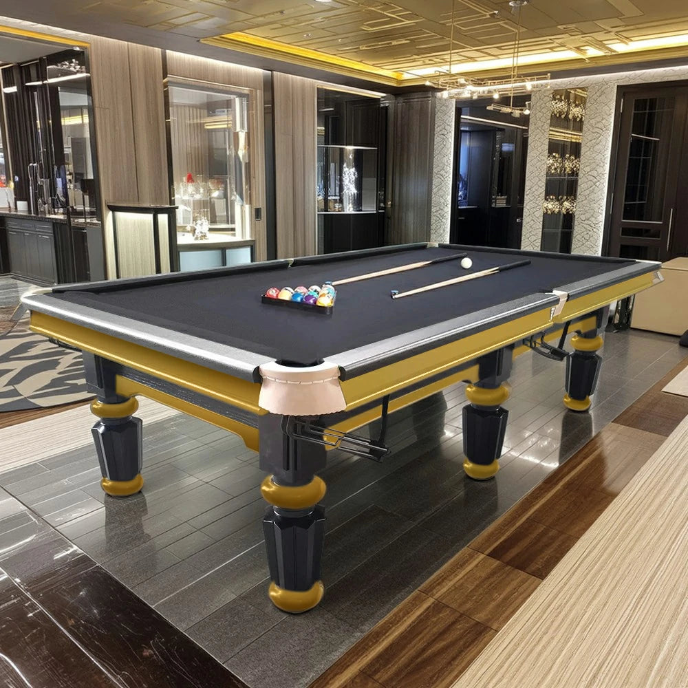 QUESLA 4.5cm Thickness Slate 9FT Steel Handrail Luxury Pool Snooker Billiard Table with Elegant Brass Detailing