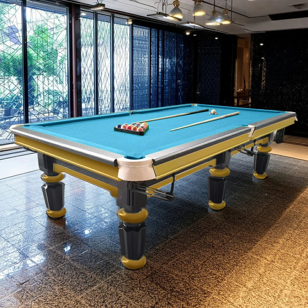 QUESLA 4.5cm Thickness Slate 9FT Steel Handrail Luxury Pool Snooker Billiard Table with Elegant Brass Detailing
