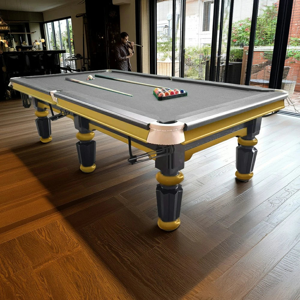 QUESLA 4.5cm Thickness Slate 9FT Steel Handrail Luxury Pool Snooker Billiard Table with Elegant Brass Detailing