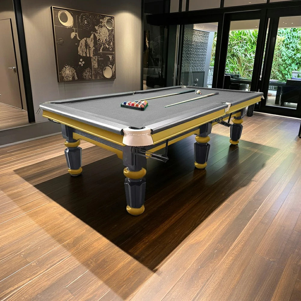 QUESLA 4.5cm Thickness Slate 9FT Steel Handrail Luxury Pool Snooker Billiard Table with Elegant Brass Detailing