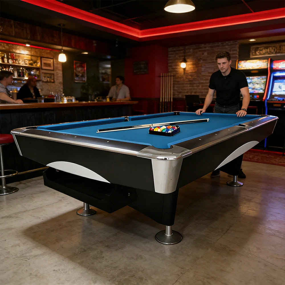QUESLA 4D 9FT Slate Pool Snooker Table Billiards Table - Oak&Blue