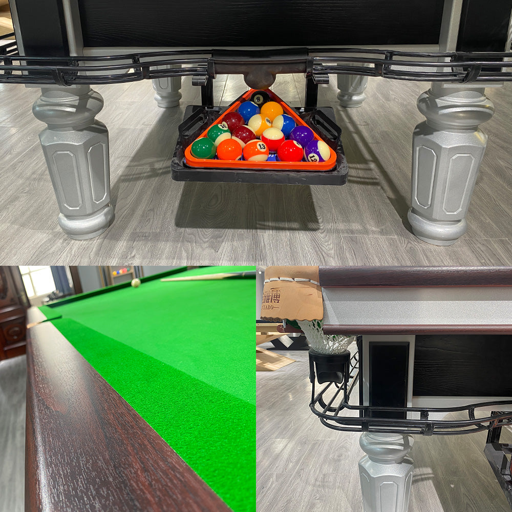 QUESLA 9FT Luxury Slate Billiard Table W/ Free Accessories Chinese Pool Table Ball Return System - Silver&Green