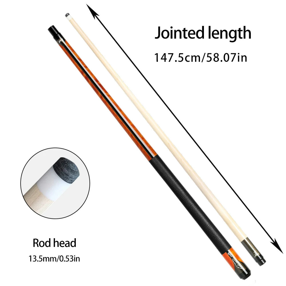 RB Professional Maple Billiard Cue 11.5/13mm Tip, 147cm Leather Grip with Cue Case - Orange
