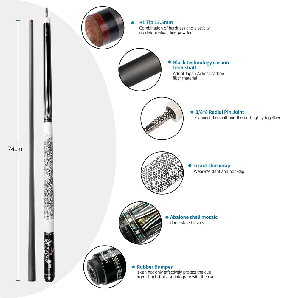KONLLEN  Premier Professional AING-1WF 18.5-20OZ 2-Piece Pool Cue Ebony Wood 147CM Billiard Cue - White&Black