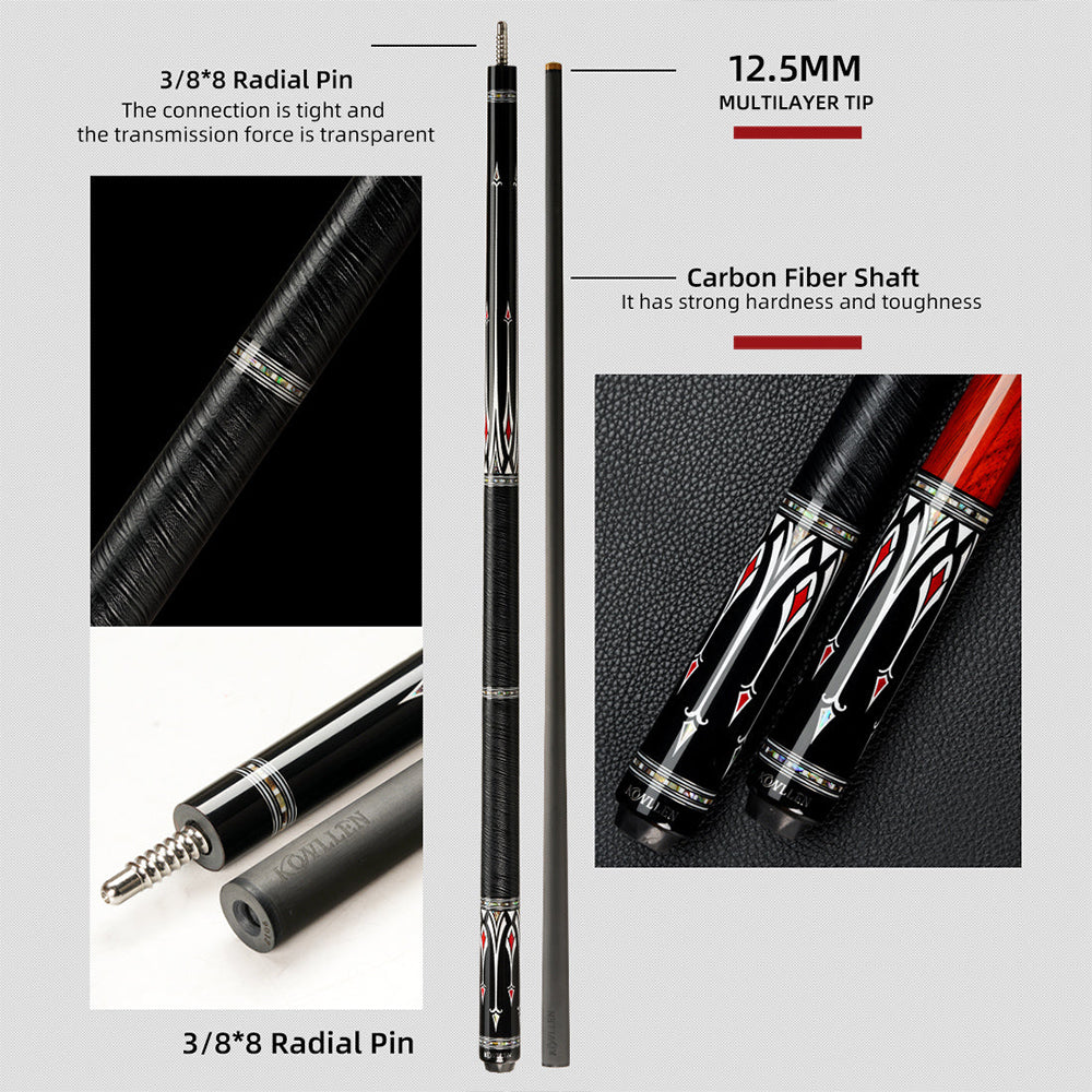 KONLLEN Premier Professional AS-2F 18.5-20OZ 2-Piece Pool Cue Maple Wood 147CM Billiard Cue - Red&Black