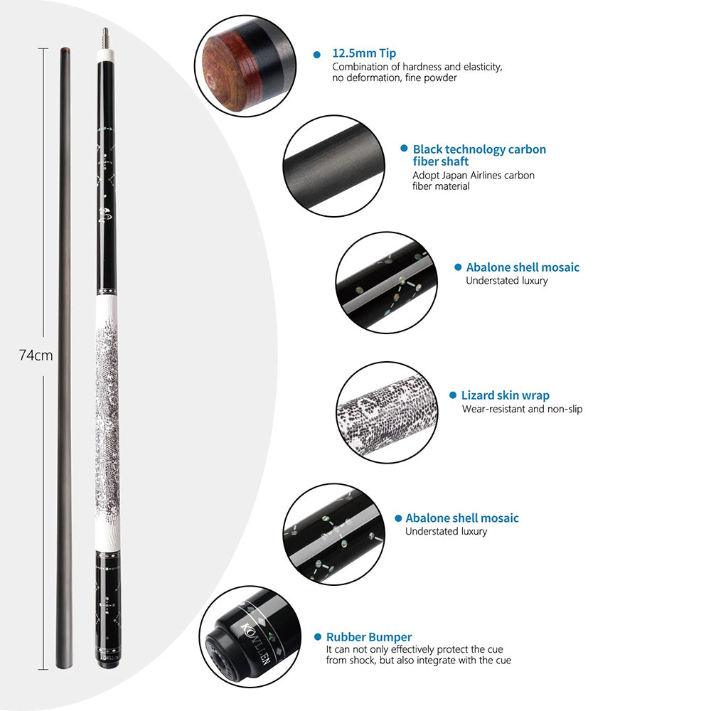 KONLLEN  Premier Professional JF-STAR 18.5-20OZ 2-Piece Pool Cue Ebony Wood 147CM Billiard Cue - White&Black