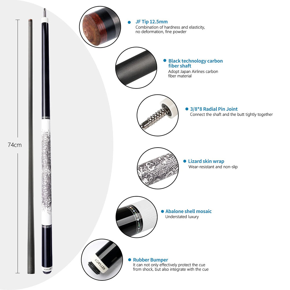 KONLLEN  Premier Professional KL-12WF 18.5-20OZ 2-Piece Pool Cue Maple Wood 147CM Billiard Cue - White&Black