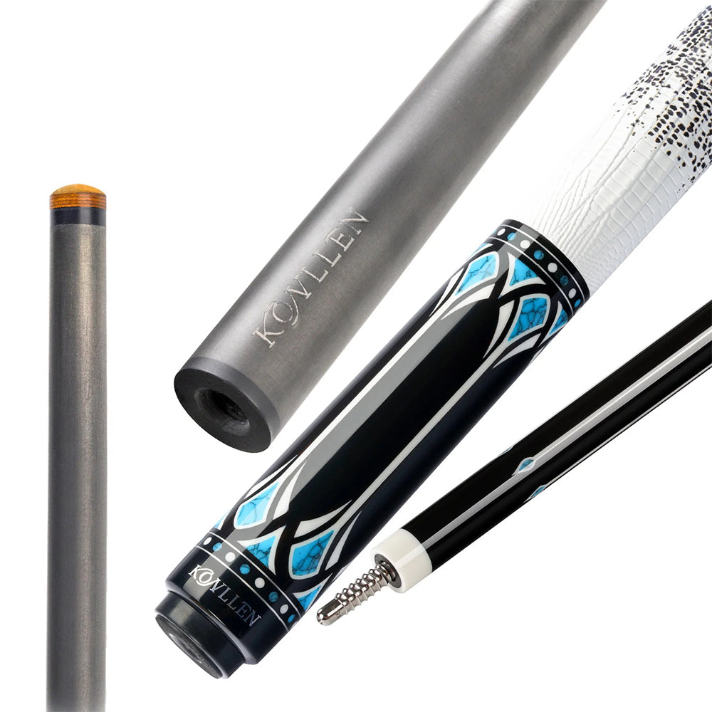 KONLLEN  Premier Professional KL20-18F 18.5-20OZ 2-Piece Pool Cue Ebony Wood 147CM Billiard Cue - White&Blue&Black