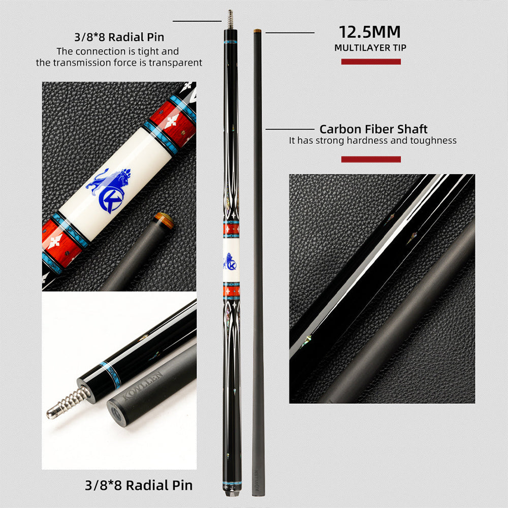 KONLLEN  Premier Professional KL-A1 18.5-20OZ 2-Piece Pool Cue Maple Wood 147CM Billiard Cue - Blue&White&Red