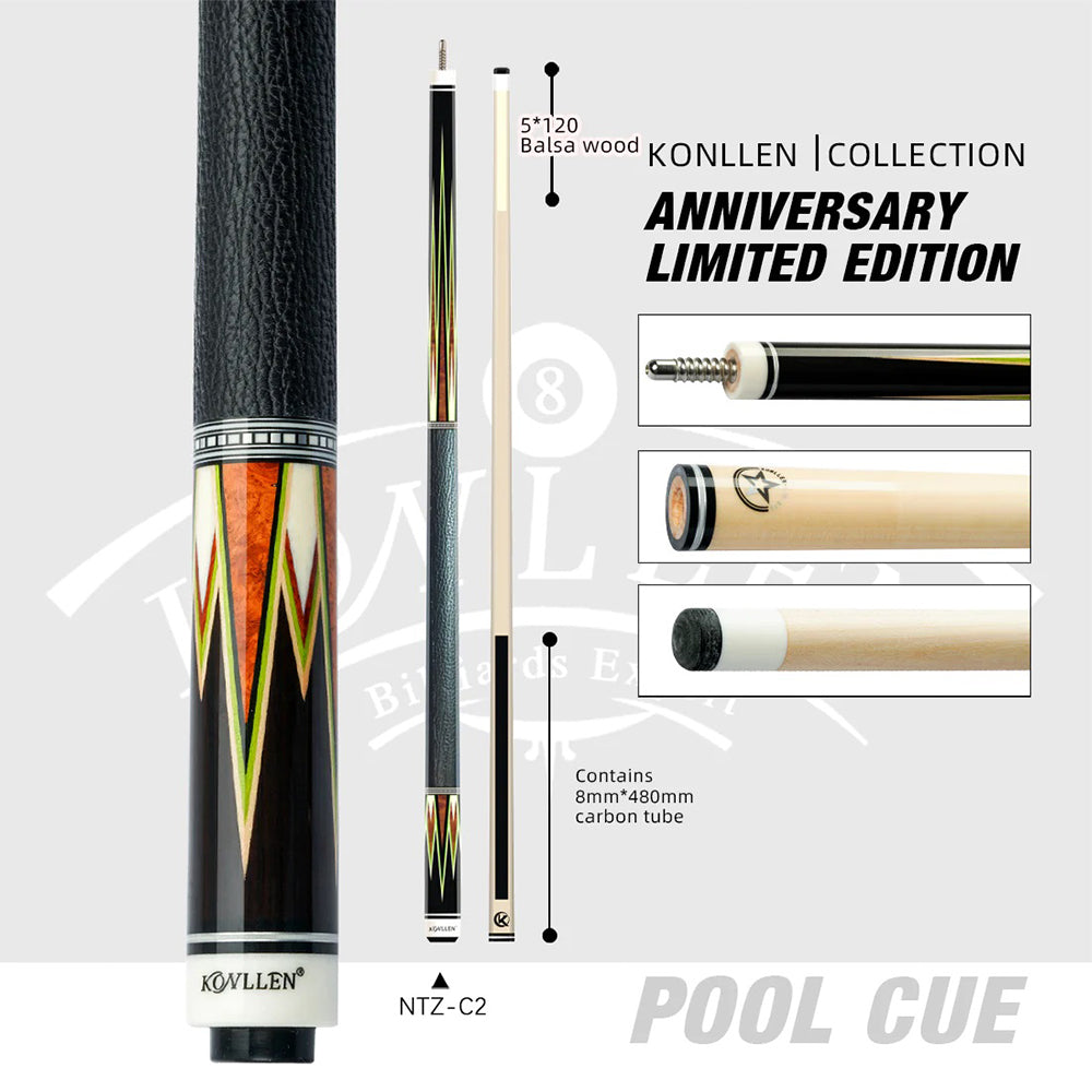 KONLLEN  Premier Professional NTZ-C2 18.5-20OZ 2-Piece Pool Cue Maple Wood 147CM Billiard Cue - Yellow&Red&Black