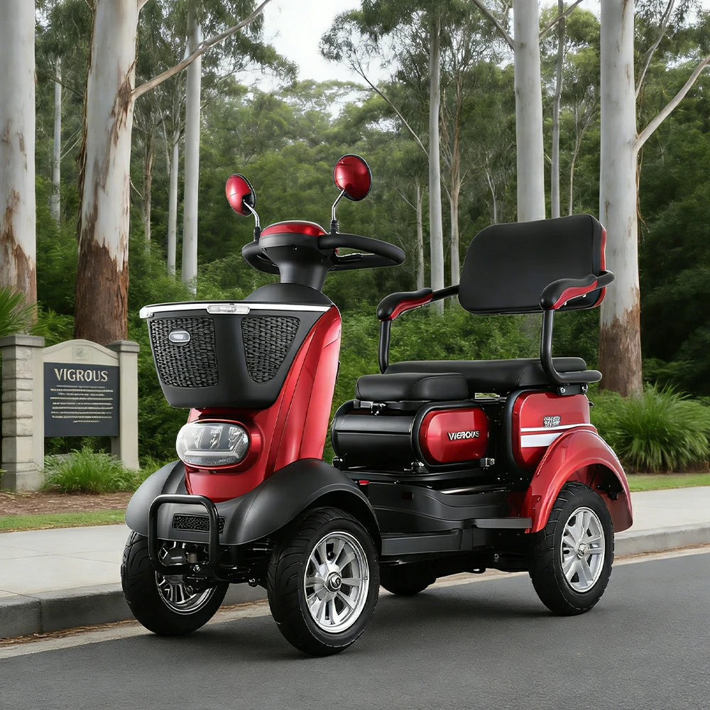 ROLLUX BOOM-3 Electric Mobility Scooter - 48V 20Ah Lead-Acid Battery, 20km/h Max Speed, 33km Range, Four-Wheel Stable Design, LED Lighting & Front Basket - Red