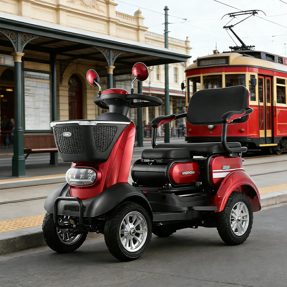 ROLLUX BOOM-3 Electric Mobility Scooter - 48V 20Ah Lead-Acid Battery, 20km/h Max Speed, 33km Range, Four-Wheel Stable Design, LED Lighting & Front Basket - Red