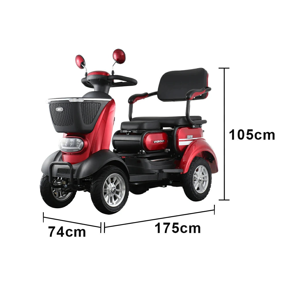 ROLLUX BOOM-3 Electric Mobility Scooter - 48V 20Ah Lead-Acid Battery, 20km/h Max Speed, 33km Range, Four-Wheel Stable Design, LED Lighting & Front Basket - Red