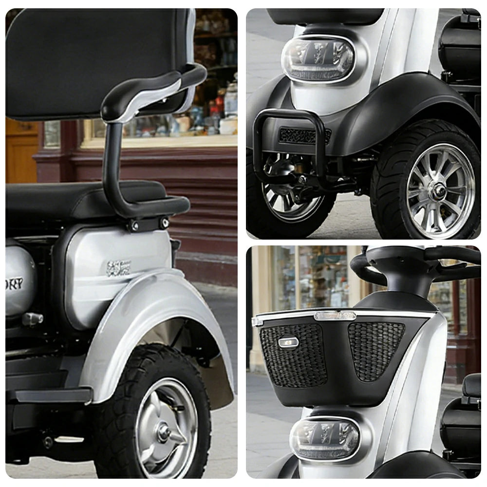 ROLLUX BOOM-3 Electric Mobility Scooter - 48V 20Ah Lead-Acid Battery, 20km/h Max Speed, 33km Range, Four-Wheel Stable Design, LED Lighting & Front Basket - Silver