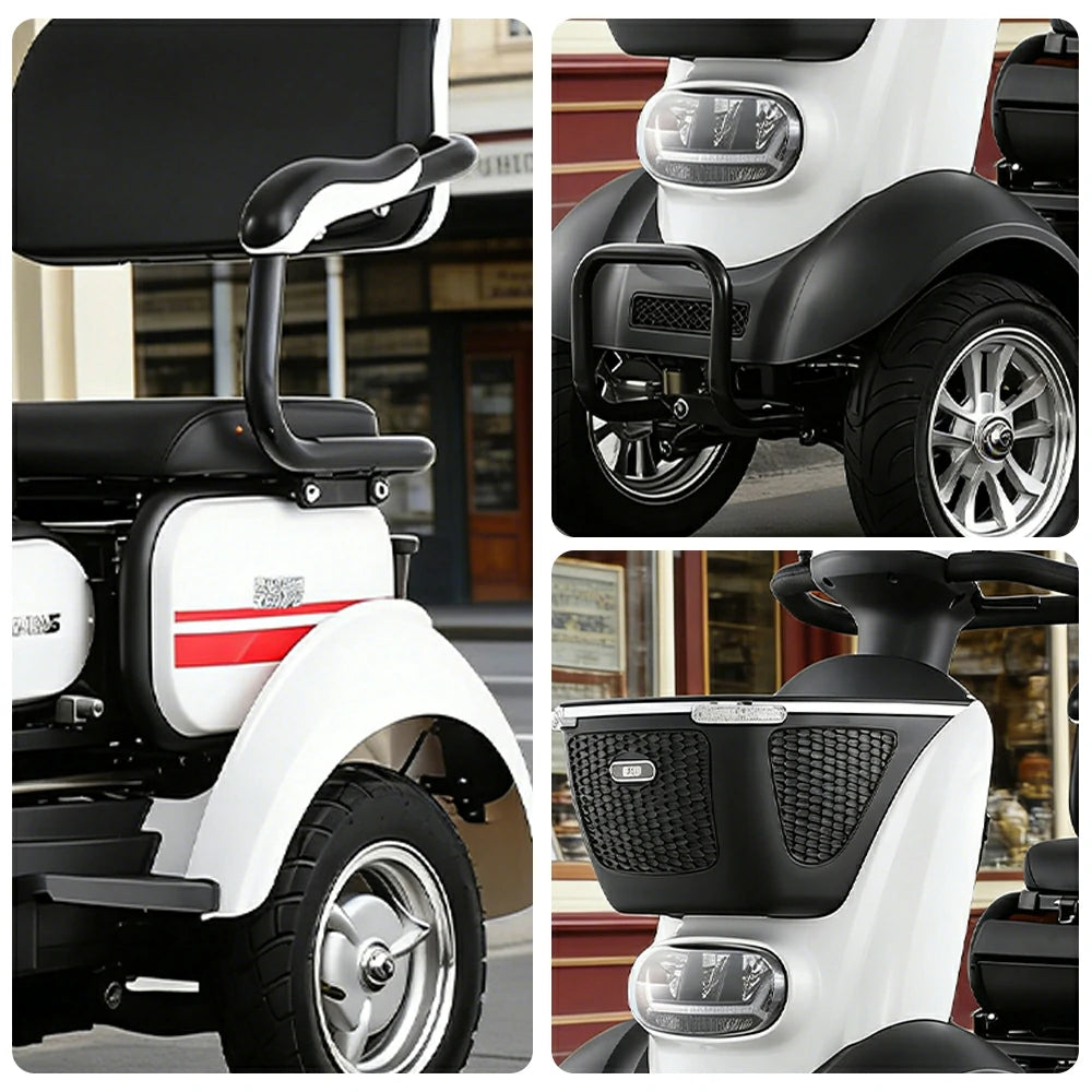 ROLLUX BOOM-3 Electric Mobility Scooter - 48V 20Ah Lead-Acid Battery, 20km/h Max Speed, 33km Range, Four-Wheel Stable Design, LED Lighting & Front Basket - White