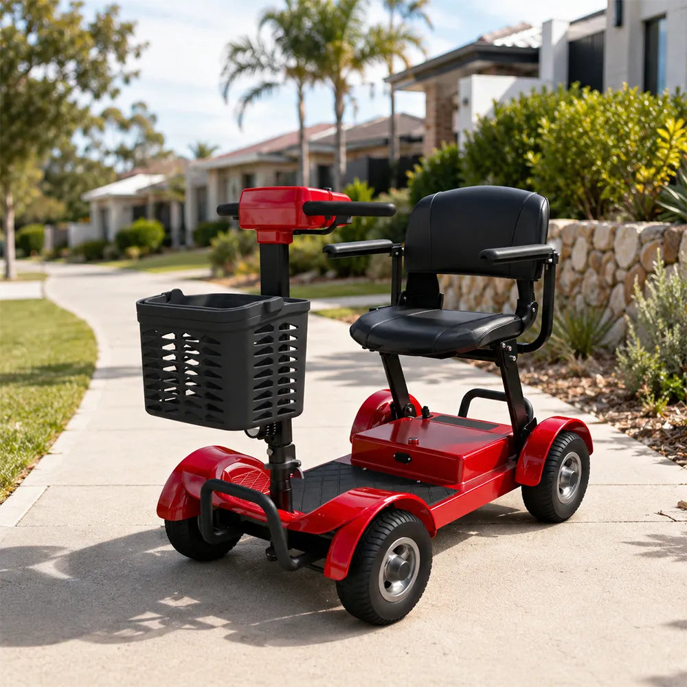 ROLLUX Electric Mobility Scooter with 500W Motor, 3 Speed Settings, Electromagnetic Brakes, Four Wheel Stability, Padded Seat, Front Basket - Red