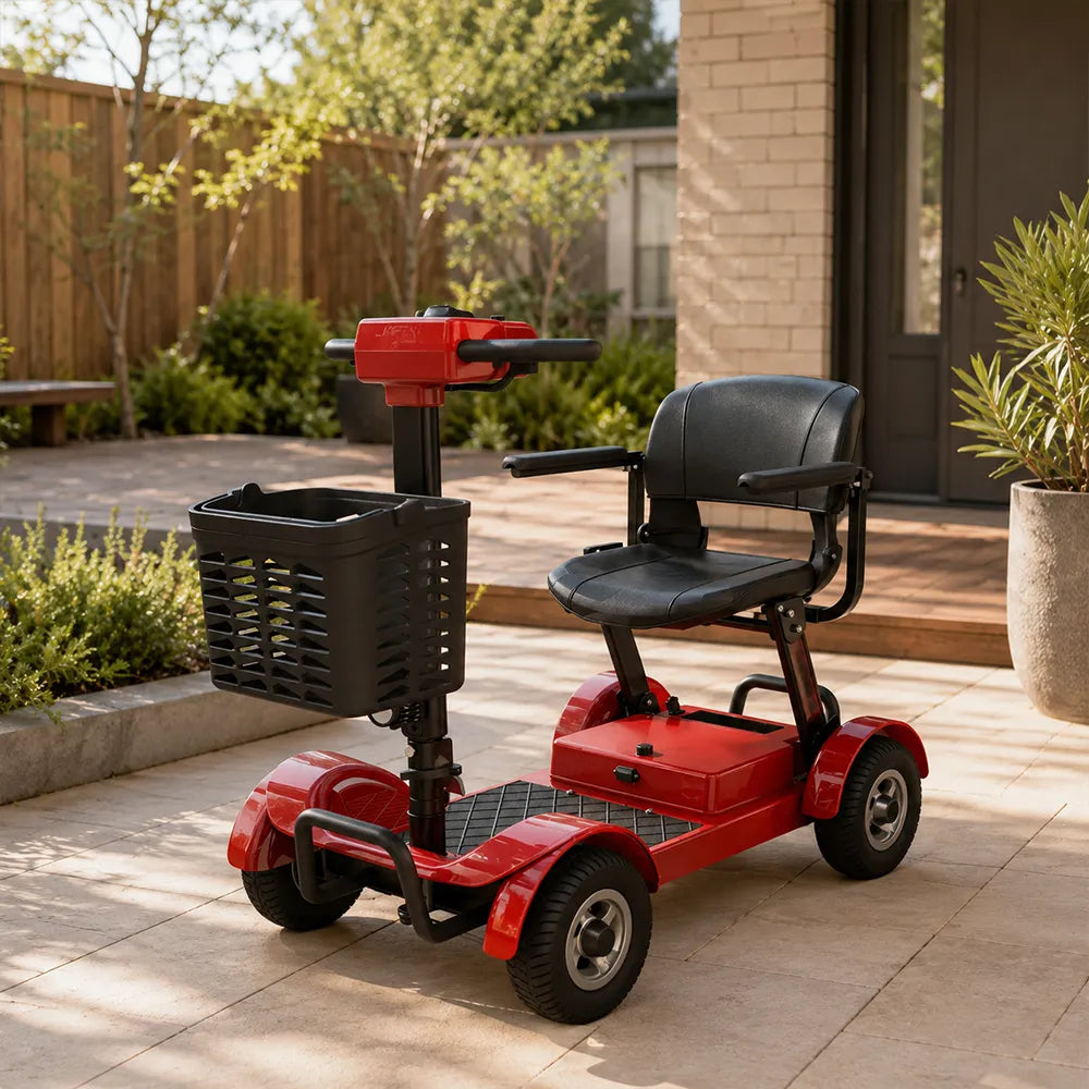 ROLLUX Electric Mobility Scooter with 500W Motor, 3 Speed Settings, Electromagnetic Brakes, Four Wheel Stability, Padded Seat, Front Basket - Red