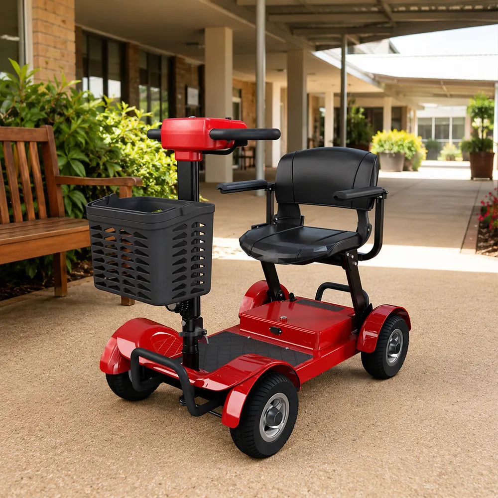 ROLLUX Electric Mobility Scooter with 500W Motor, 3 Speed Settings, Electromagnetic Brakes, Four Wheel Stability, Padded Seat, Front Basket - Red