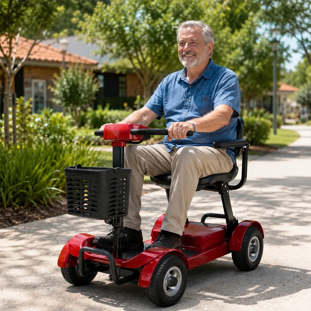 ROLLUX Electric Mobility Scooter with 500W Motor, 3 Speed Settings, Electromagnetic Brakes, Four Wheel Stability, Padded Seat, Front Basket - Red