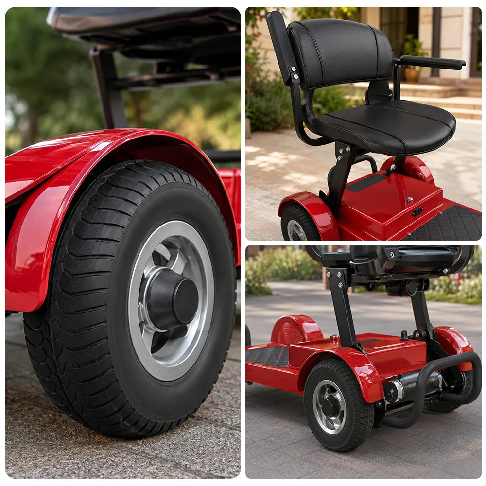 ROLLUX Electric Mobility Scooter with 500W Motor, 3 Speed Settings, Electromagnetic Brakes, Four Wheel Stability, Padded Seat, Front Basket - Red