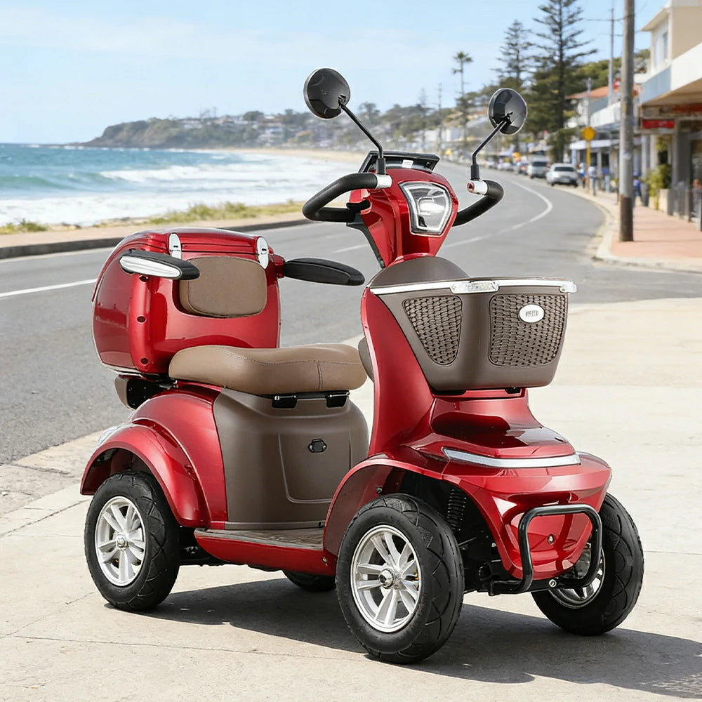 ROLLUX LUNAR-QC Electric Mobility Scooter - Electromagnetic Brake System, Four-Wheel Stability, 48V 20Ah Battery, 40km Range, LED Lighting & Rear Storage Box - Transparent Red