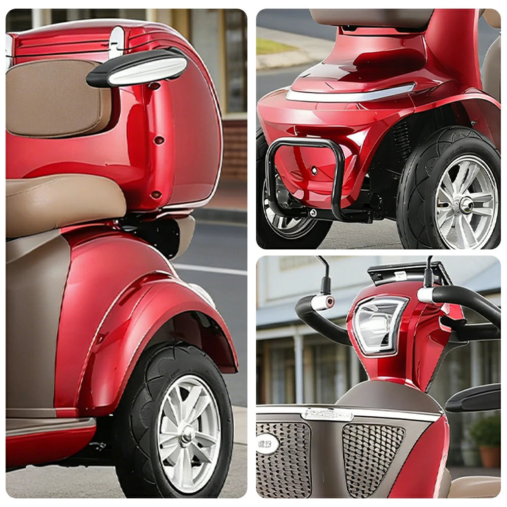 ROLLUX LUNAR-QC Electric Mobility Scooter - Electromagnetic Brake System, Four-Wheel Stability, 48V 20Ah Battery, 40km Range, LED Lighting & Rear Storage Box - Transparent Red