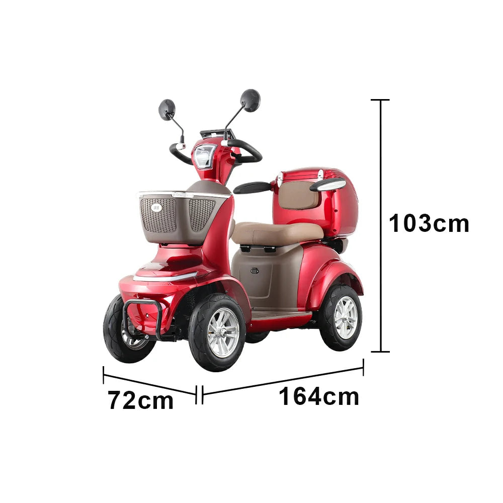 ROLLUX LUNAR-QC Electric Mobility Scooter - Electromagnetic Brake System, Four-Wheel Stability, 48V 20Ah Battery, 40km Range, LED Lighting & Rear Storage Box - Transparent Red