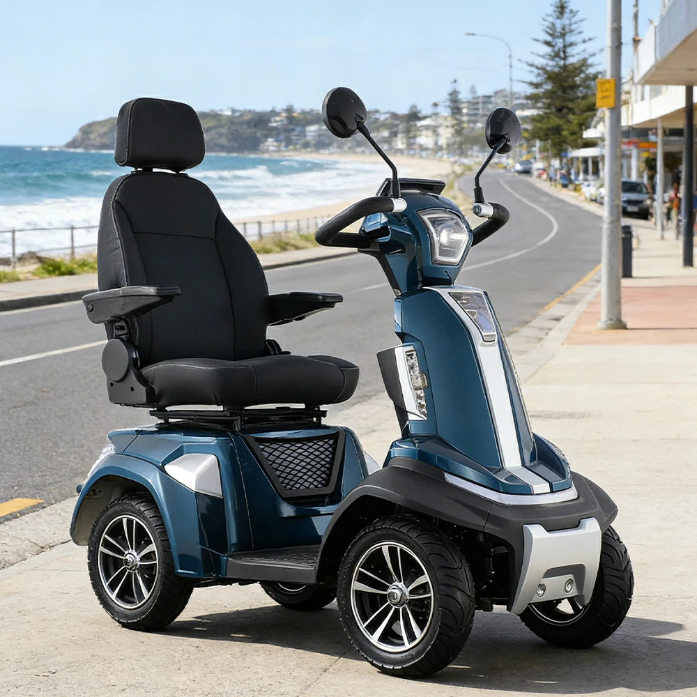ROLLUX SPIRITE-3 Electric Mobility Scooter - Four-Wheel Stability, 48V 20Ah Battery, 40-45km Range, 20km/h Max Speed, Electromagnetic Brake, LED Lighting - Blue