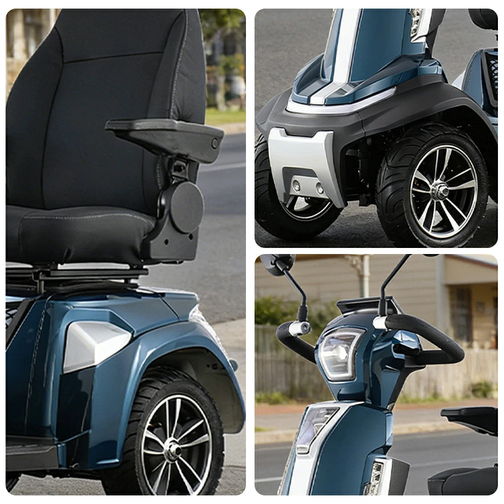 ROLLUX SPIRITE-3 Electric Mobility Scooter - Four-Wheel Stability, 48V 20Ah Battery, 40-45km Range, 20km/h Max Speed, Electromagnetic Brake, LED Lighting - Blue