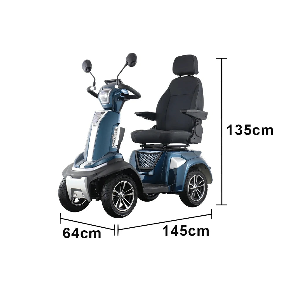 ROLLUX SPIRITE-3 Electric Mobility Scooter - Four-Wheel Stability, 48V 20Ah Battery, 40-45km Range, 20km/h Max Speed, Electromagnetic Brake, LED Lighting - Blue