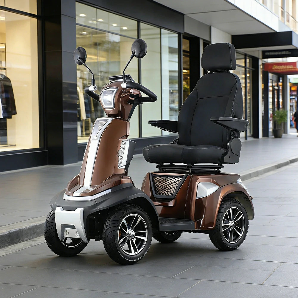 ROLLUX SPIRITE-3 Electric Mobility Scooter - Four-Wheel Stability, 48V 20Ah Battery, 40-45km Range, 20km/h Max Speed, Electromagnetic Brake, LED Lighting - Coffee