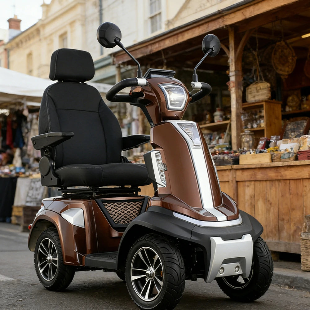 ROLLUX SPIRITE-3 Electric Mobility Scooter - Four-Wheel Stability, 48V 20Ah Battery, 40-45km Range, 20km/h Max Speed, Electromagnetic Brake, LED Lighting - Coffee