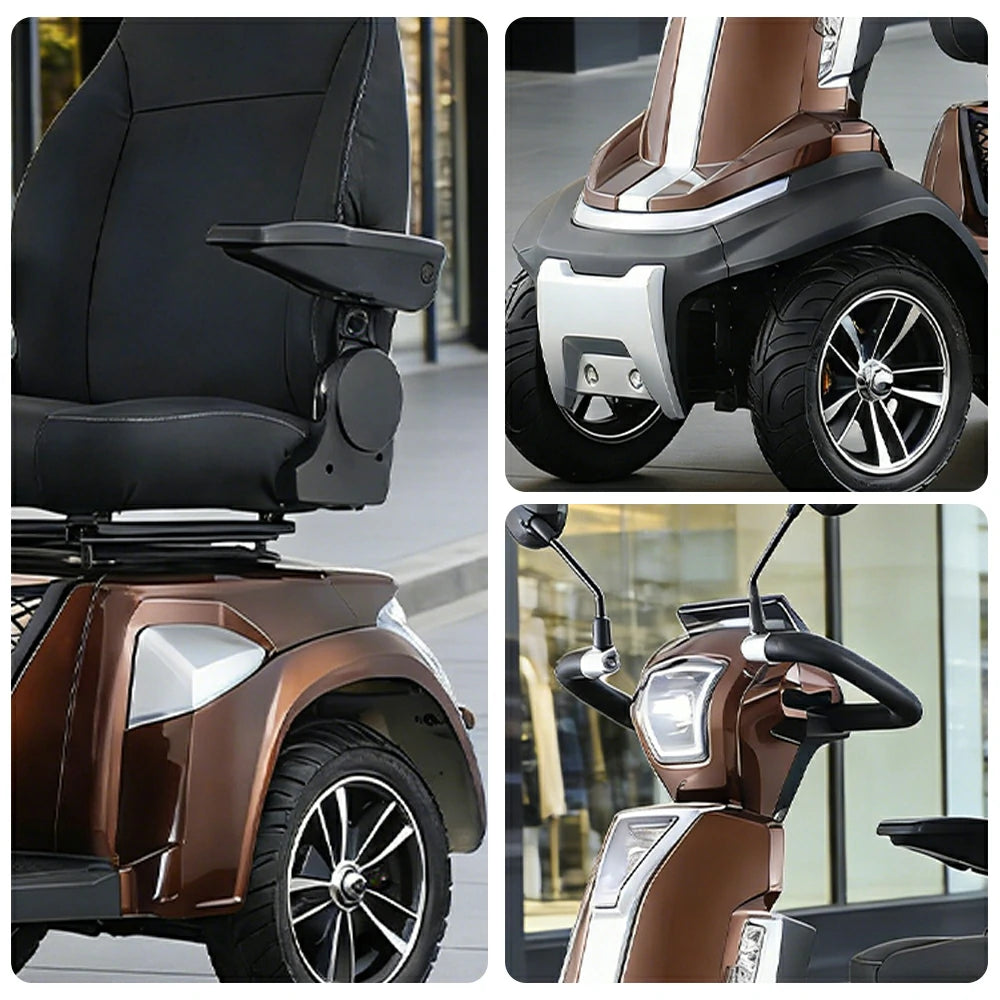 ROLLUX SPIRITE-3 Electric Mobility Scooter - Four-Wheel Stability, 48V 20Ah Battery, 40-45km Range, 20km/h Max Speed, Electromagnetic Brake, LED Lighting - Coffee