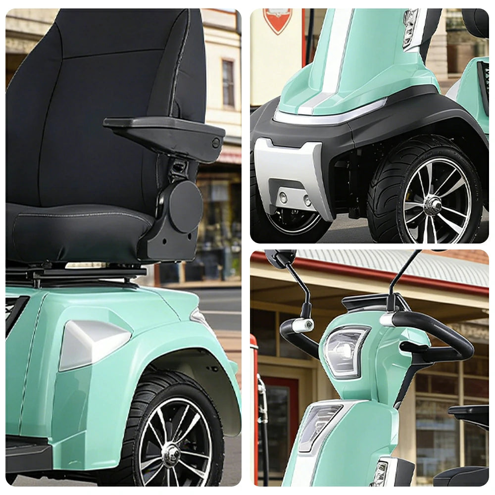 ROLLUX SPIRITE-3 Electric Mobility Scooter - Four-Wheel Stability, 48V 20Ah Battery, 40-45km Range, 20km/h Max Speed, Electromagnetic Brake, LED Lighting - Green