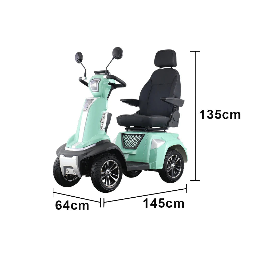 ROLLUX SPIRITE-3 Electric Mobility Scooter - Four-Wheel Stability, 48V 20Ah Battery, 40-45km Range, 20km/h Max Speed, Electromagnetic Brake, LED Lighting - Green