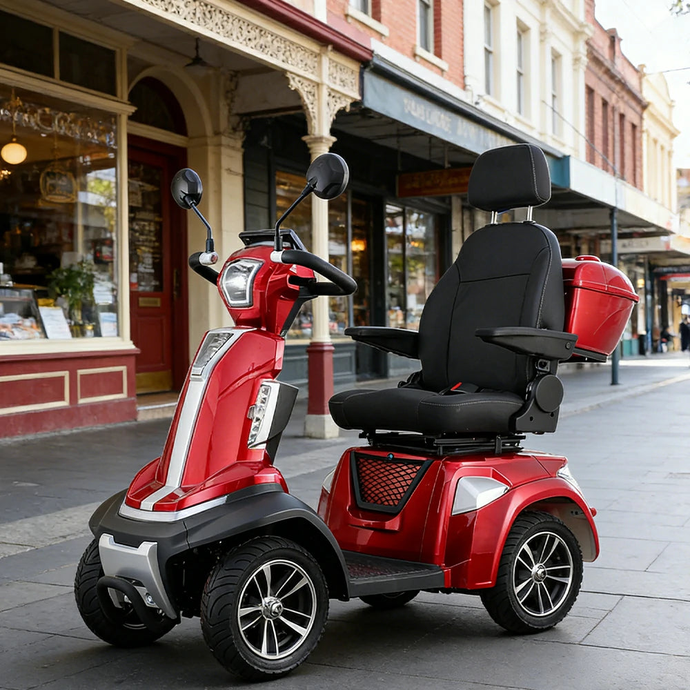 ROLLUX SPIRITE-3 Electric Mobility Scooter - Four-Wheel Stability, 48V 20Ah Battery, 40-45km Range, 20km/h Max Speed, Electromagnetic Brake, LED Lighting - Red