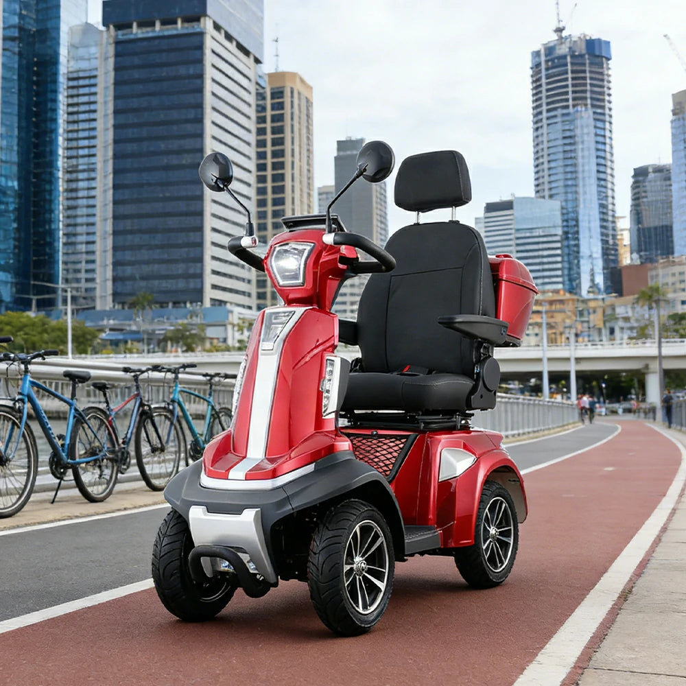 ROLLUX SPIRITE-3 Electric Mobility Scooter - Four-Wheel Stability, 48V 20Ah Battery, 40-45km Range, 20km/h Max Speed, Electromagnetic Brake, LED Lighting - Red