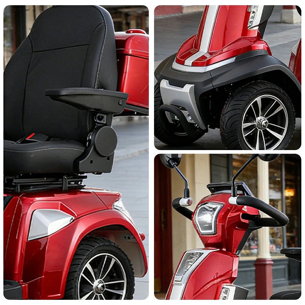 ROLLUX SPIRITE-3 Electric Mobility Scooter - Four-Wheel Stability, 48V 20Ah Battery, 40-45km Range, 20km/h Max Speed, Electromagnetic Brake, LED Lighting - Red