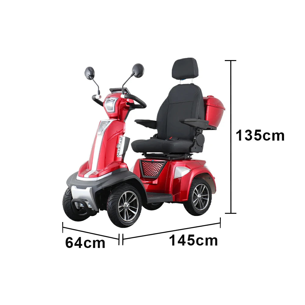 ROLLUX SPIRITE-3 Electric Mobility Scooter - Four-Wheel Stability, 48V 20Ah Battery, 40-45km Range, 20km/h Max Speed, Electromagnetic Brake, LED Lighting - Red