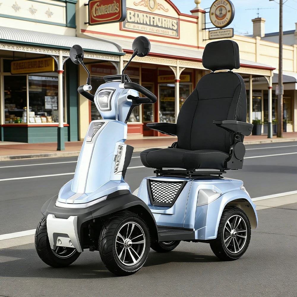 ROLLUX SPIRITE-3 Electric Mobility Scooter - Four-Wheel Stability, 48V 20Ah Battery, 40-45km Range, 20km/h Max Speed, Electromagnetic Brake, LED Lighting - Silver & Blue