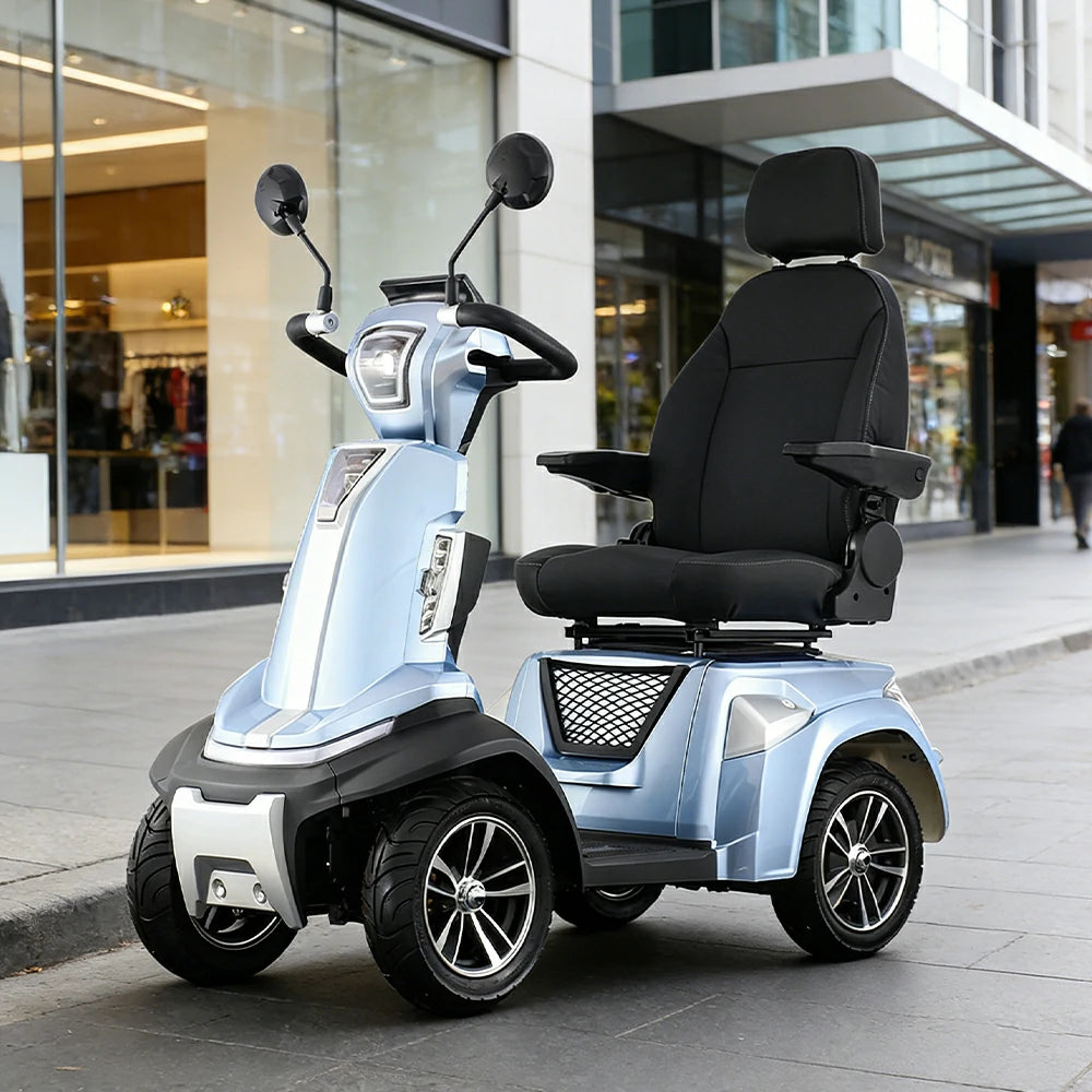ROLLUX SPIRITE-3 Electric Mobility Scooter - Four-Wheel Stability, 48V 20Ah Battery, 40-45km Range, 20km/h Max Speed, Electromagnetic Brake, LED Lighting - Silver & Blue