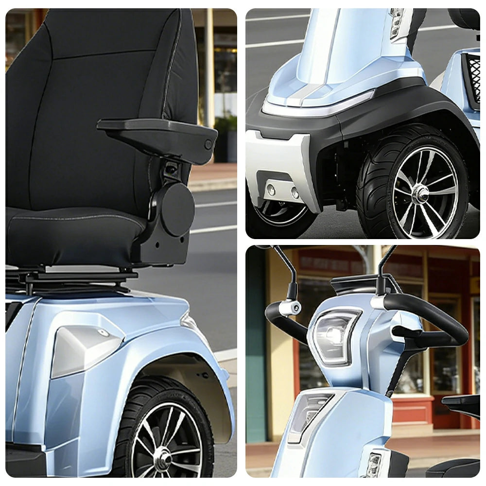 ROLLUX SPIRITE-3 Electric Mobility Scooter - Four-Wheel Stability, 48V 20Ah Battery, 40-45km Range, 20km/h Max Speed, Electromagnetic Brake, LED Lighting - Silver & Blue