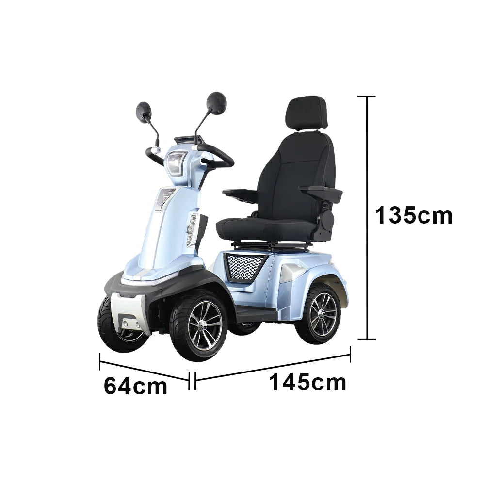 ROLLUX SPIRITE-3 Electric Mobility Scooter - Four-Wheel Stability, 48V 20Ah Battery, 40-45km Range, 20km/h Max Speed, Electromagnetic Brake, LED Lighting - Silver & Blue