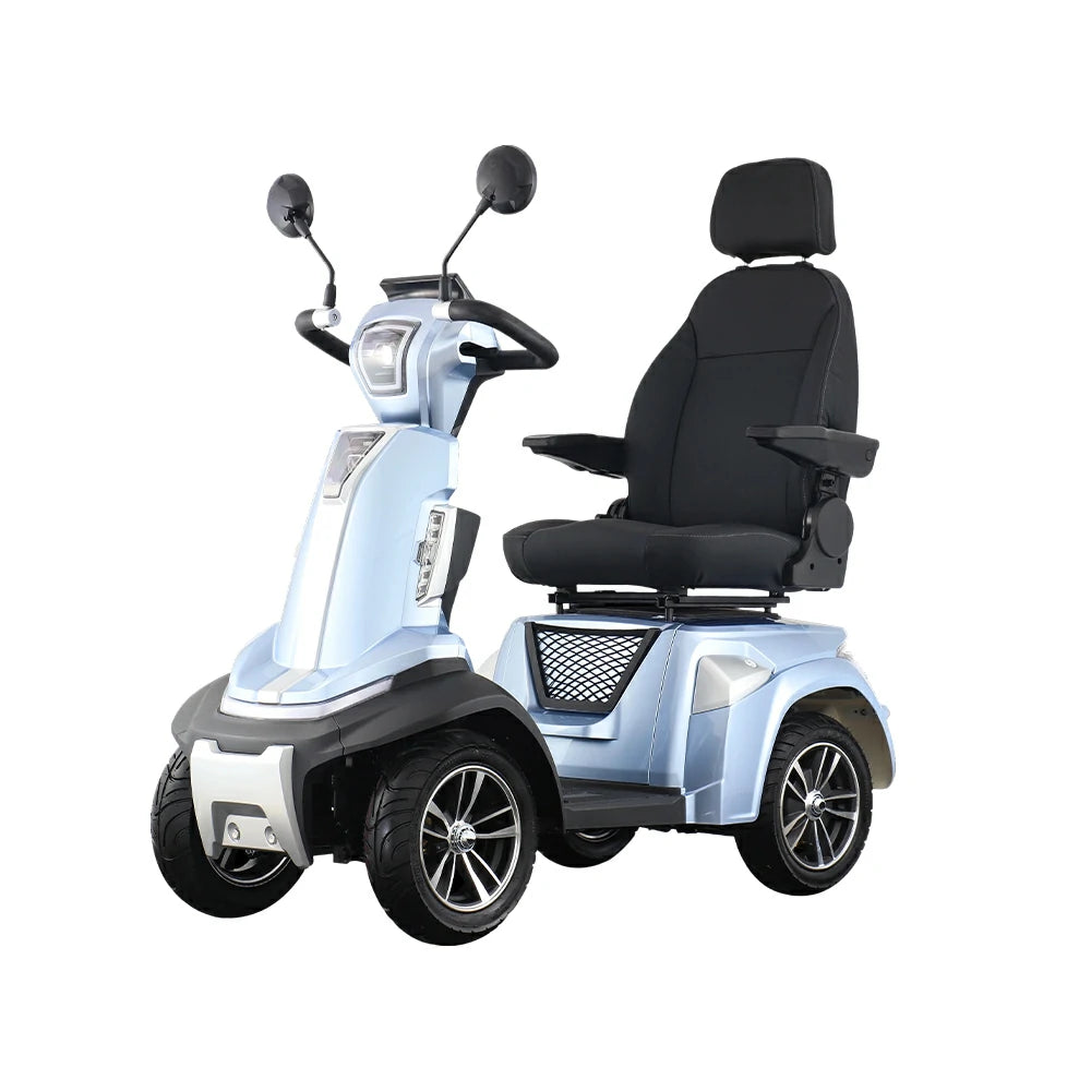ROLLUX SPIRITE-3 Electric Mobility Scooter - Four-Wheel Stability, 48V 20Ah Battery, 40-45km Range, 20km/h Max Speed, Electromagnetic Brake, LED Lighting - Silver & Blue