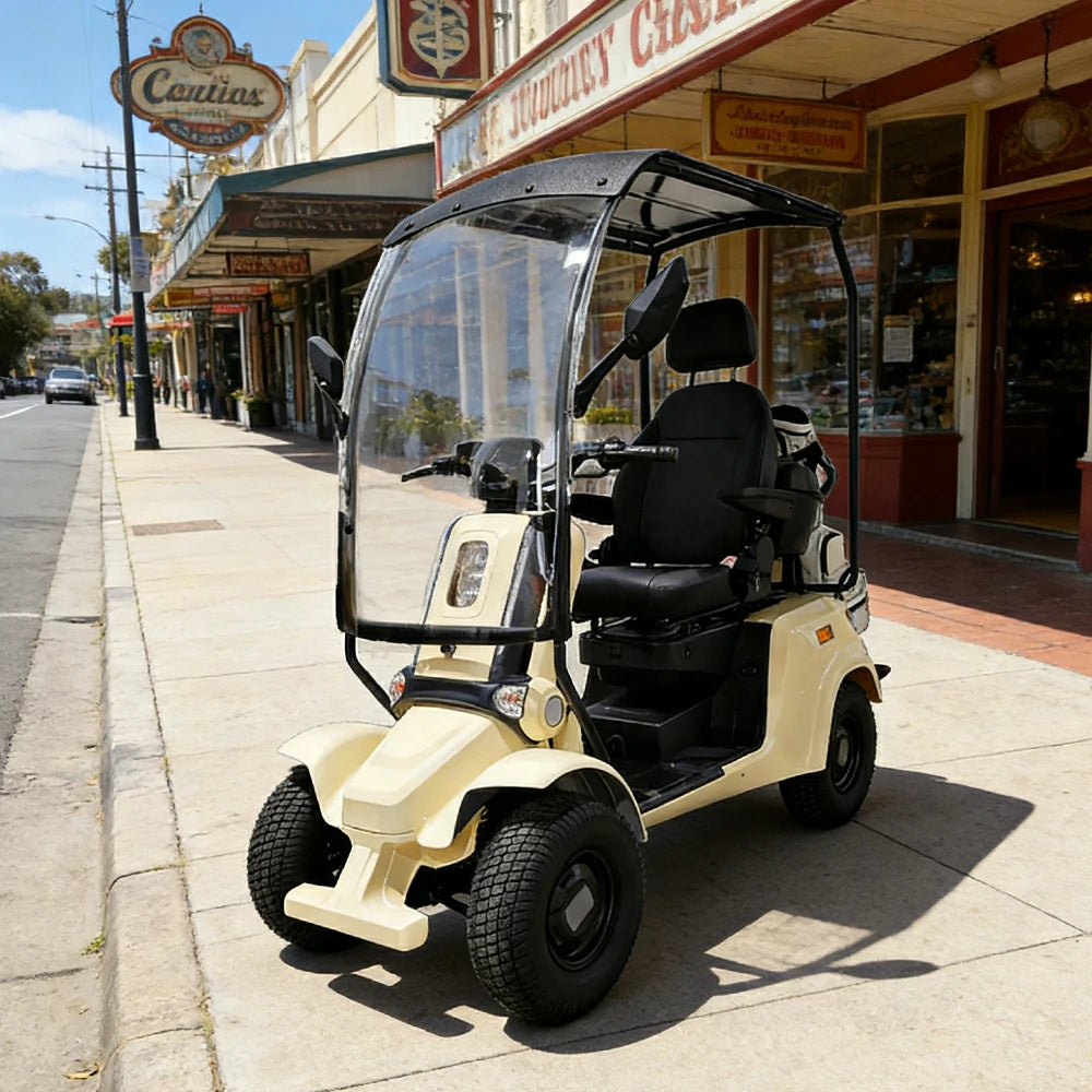 ROLLUX E4G 1000W Ternary Lithium Golf Mobility Scooter 300KG Capacity with Removable Battery, All-Terrain Turf Tyres & Full Canopy Weather Protection - Ivory White