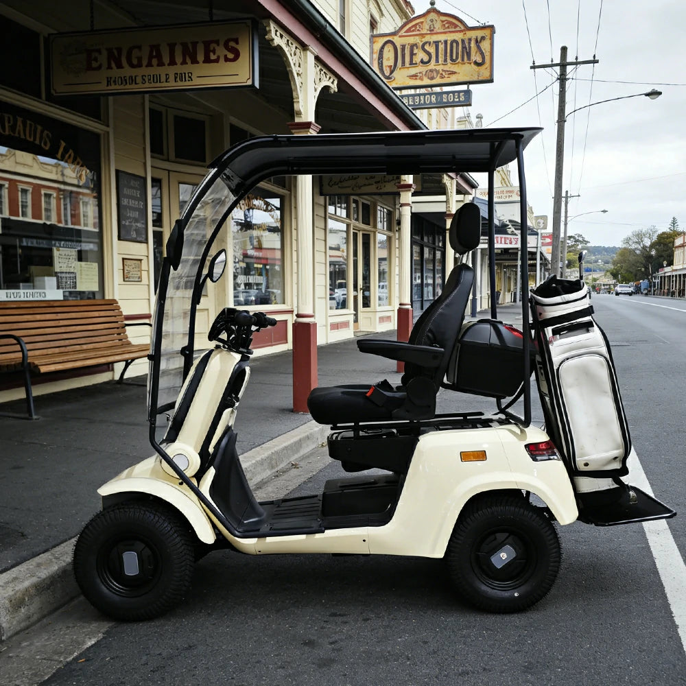 ROLLUX E4G 1000W Ternary Lithium Golf Mobility Scooter 300KG Capacity with Removable Battery, All-Terrain Turf Tyres & Full Canopy Weather Protection - Ivory White