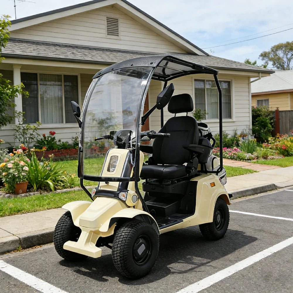 ROLLUX E4G 1000W Ternary Lithium Golf Mobility Scooter 300KG Capacity with Removable Battery, All-Terrain Turf Tyres & Full Canopy Weather Protection - Ivory White
