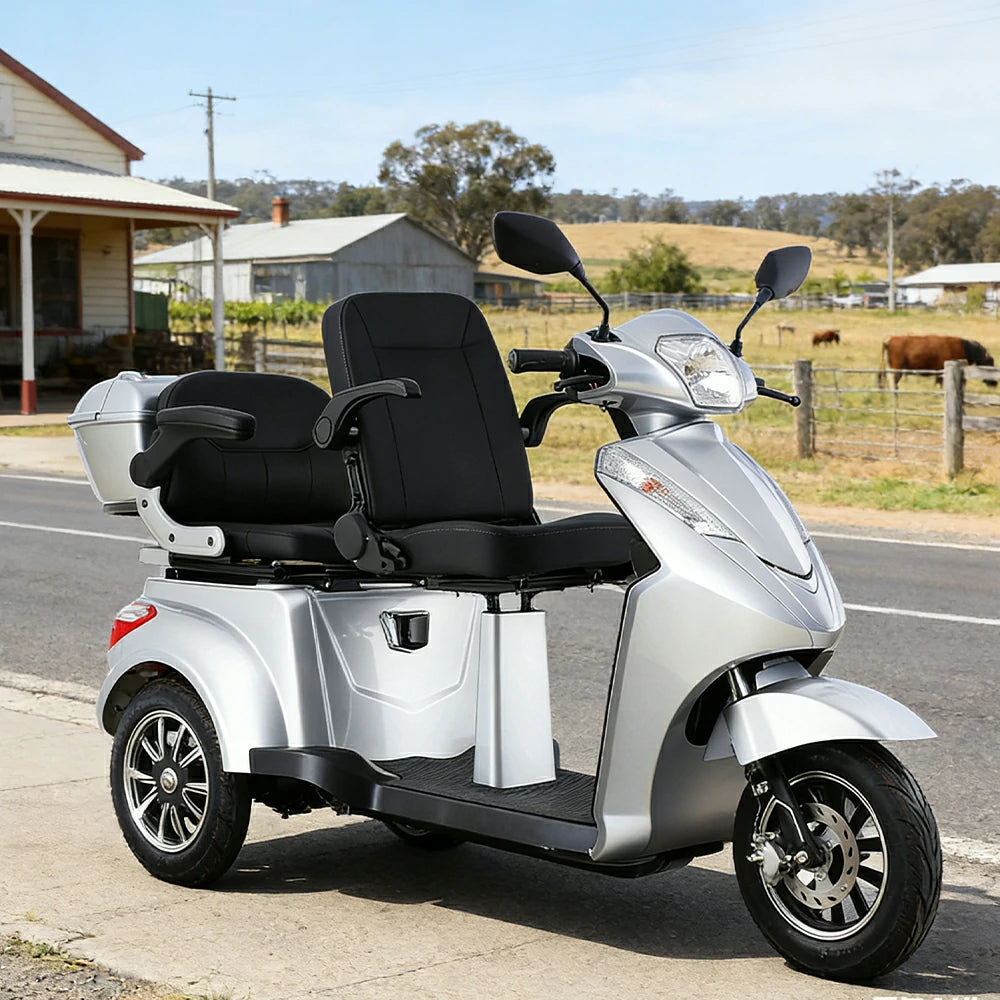 ROLLUX VISTA-2L Electric Mobility Scooter - Dual Seat Comfort, 60V 20Ah Battery, 40km Range, 25km/h Max Speed, Front Disc & Rear Drum Brakes, Rear Storage Box - Silver