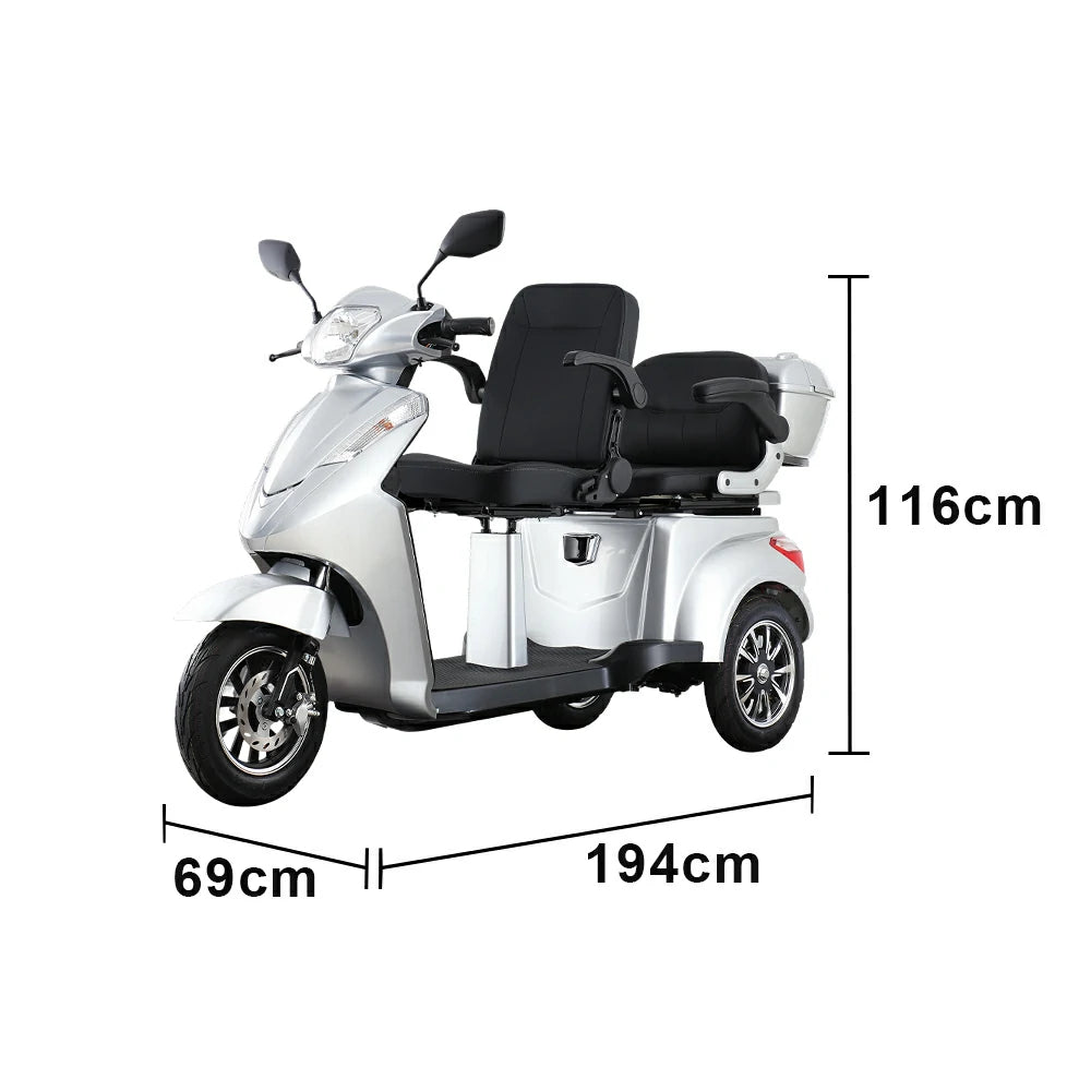 ROLLUX VISTA-2L Electric Mobility Scooter - Dual Seat Comfort, 60V 20Ah Battery, 40km Range, 25km/h Max Speed, Front Disc & Rear Drum Brakes, Rear Storage Box - Silver