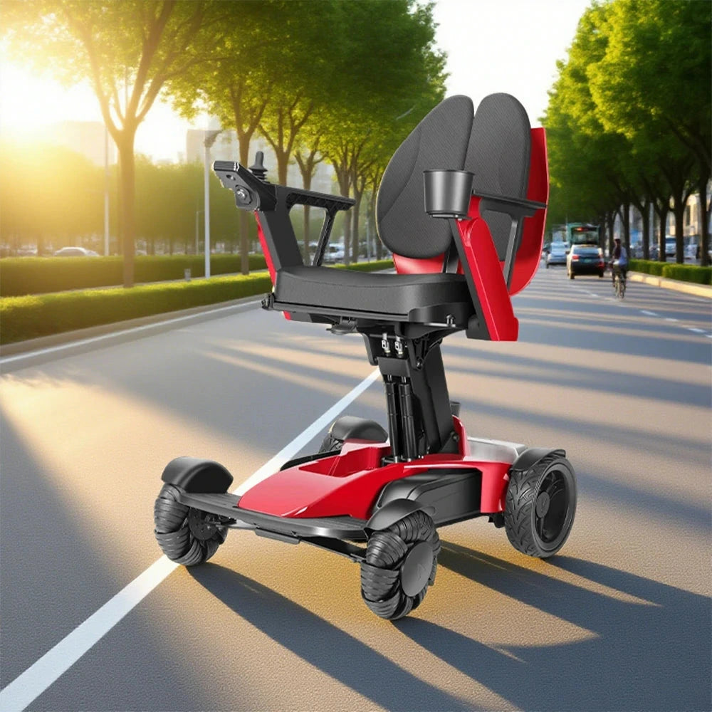 ROLLUX Foldable Compact 4-Wheel Mobility Scooter - 13Ah/20Ah Lithium Battery, Portable & Easy to Store - Red